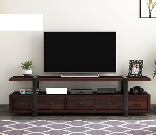 Image of Rustic Sheesham Wood & Metal TV Unit with 5 Drawers, 1 Shelf, and Storage for up to 70-inch TV - Perfect for Your Living Room (Arsenal, Walnut Finish)