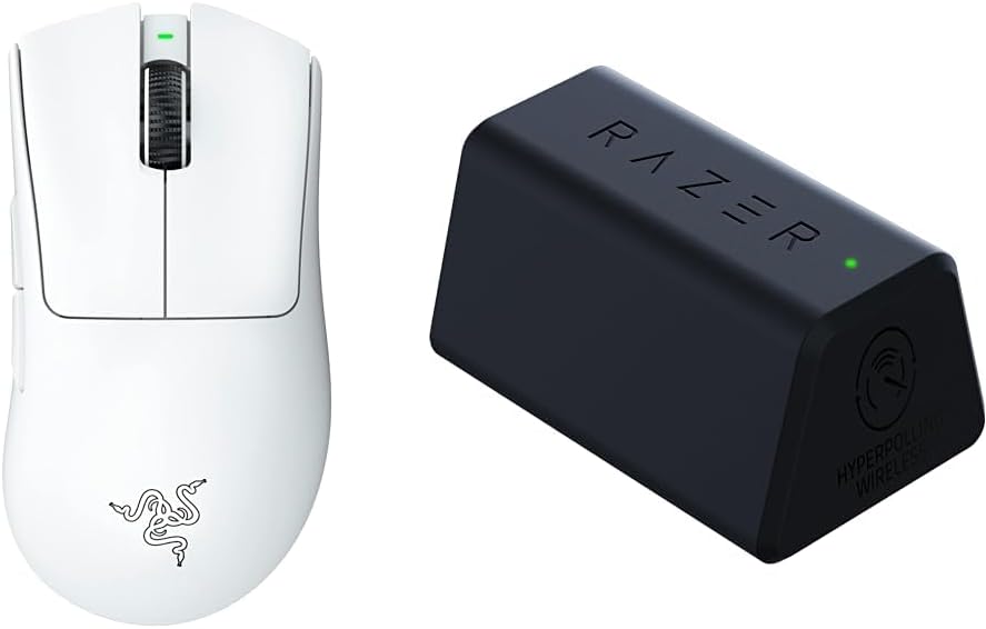 Razer DeathAdder V3 Pro White Gaming Mouse, Wireless, 2.26 oz 64 g, 90 Hours of Continuous Operation + HyperPolling Wireless Dongle, Up to 8,000 Hz Polling Rate with a Compatible Mouse, Authorized