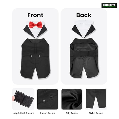 Image of Buraq Premium Dog Wedding Suit, Elegant Tuxedo with Bow Tie & Bandana, Comfortable, Washable Outfit for Dogs (XL - Grey)