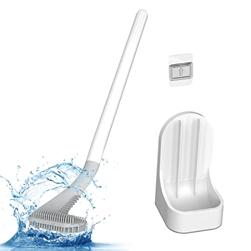Image of Toilet Brush, Long Handle Golf Toilet Brush with Holder 360 Deep Cleaning Flexible Silicone Toilet Cleaner Brush Wall Mounted for Bathroom (White)