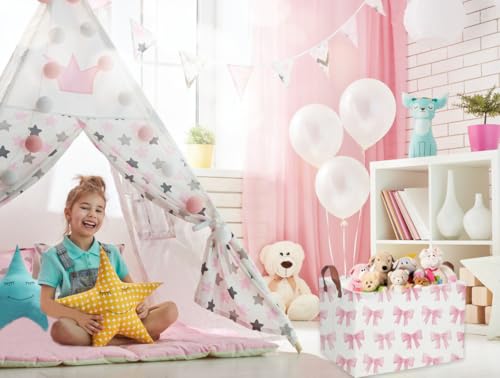 Image of Sanjiaofeng Rectangular Kids Basket Pink Storage Bins,Girls Storage Baskets with Handles.Clothers,Toys,Books,Kid's Gifts Storage. (Pink Bowknot)