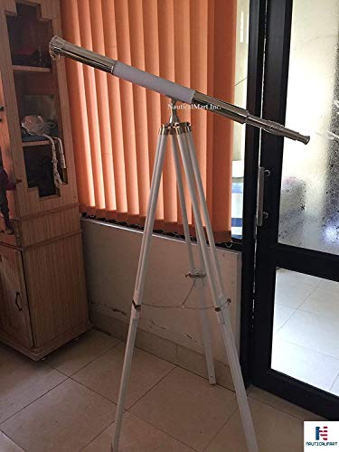 NAUTICALMART Nautical Harbor Master Floor Standing Telescope Brushed Nickel/White Leather with Tripod Stand 60