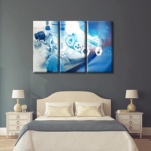 Image of 3 Panels Modern Medical Technologies Concept Wall Art for Living Room Laboratory Research Microscope Art Prints Young Scientist Posters & Prints Stretched and Framed Ready to Hang (60 inch Wx40 H)