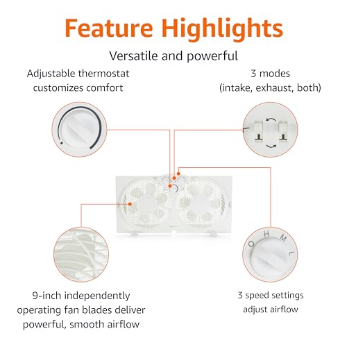 Image of Amazon Basics Window Fan for Home Bedroom, Twin Heads, Cooling Airflow, Exhaust, Expandable Side Panel, Manual Control, 3 Speeds, 63W, 9 inch, White