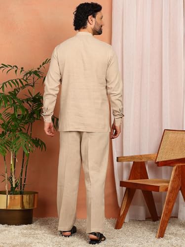 Image of See Designs Men's Full Sleeve Mandarin Collar Linen Solid Pathani Set