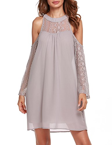ACEVOG Women's Cold Shoulder Lace Chiffon Mini Patchwork Loose Casual Dress