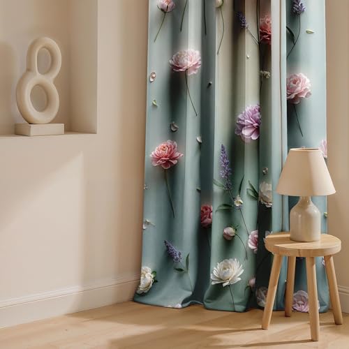 Image of Ultimate Trends Room Darkening Digital Printed 3D Prints Curtain 65-70% Opacity,Diamond Eyelets, Tie Back, Floral Decorated, 6 FEET Pack of 2,Sage Green
