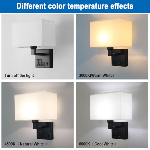Image of Plug in Wall Sconces, Wall Lamp with Black Base Square lampshade | Wall Lights for Bedroom Bulb Included, Wall Mounted Lamp with 3 Color Temperature, Bedside Lamps with USB Ports and AC Outlet