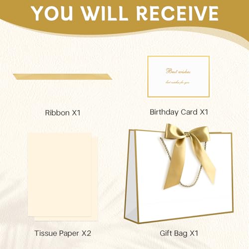 Image of JMANNI Gift Bags with Handles, 13 inch Medium Gift Bag for Presents, 1 Pcs Bags with 2 Tissue Paper and 1 Cards for Graduation Baby Shower Wedding Fathers Day Mother's Day Birthday Party(white-gold)