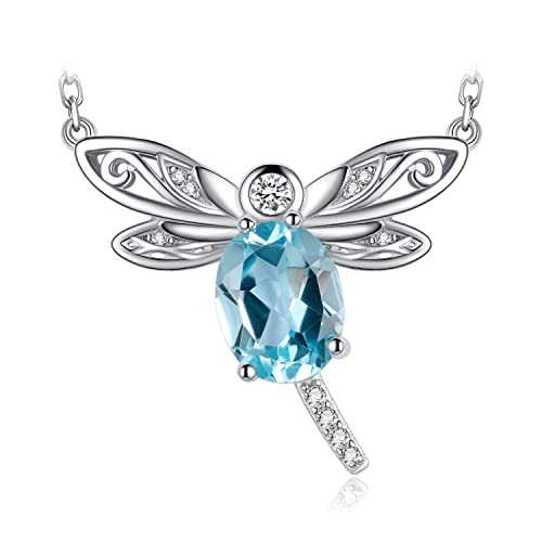 JewelryPalace Bleu Ciel Libellule Pendentif Taille Ovale Naturelle Topaze Femme en Argent 925 Pour Femme, Collier Chaine Insecte Animaux Pierre Precieuse Fille 45CM, Ensemble Parure de Bijoux Cadeau