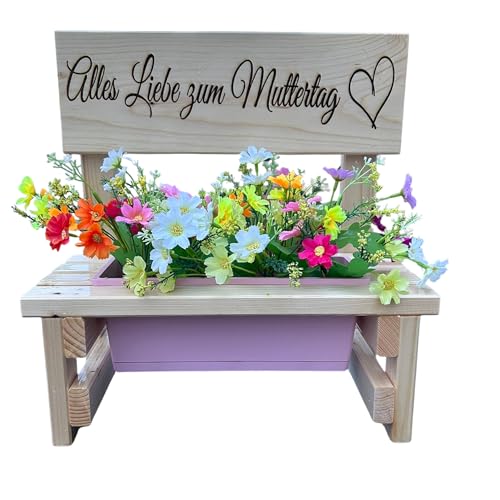 KlaSa Kreativwerkstatt Blumenbank aus Holz mit Gravur Dekorative Pflanzbank mit Blumenkasten Geschenk für Mama Oma Gartenbank für Balkon&Terrasse Outdoor Muttertag (Alles Liebe zum Muttertag)