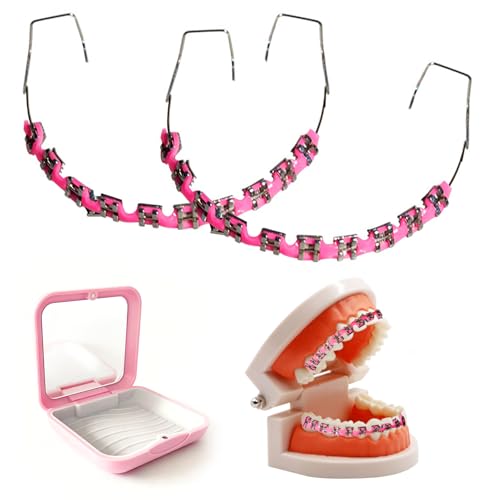 Dental Fake Braces for Teeth with Storage Case Orthodontic Temporary Tooth Wire Braces with Metal Brackets and Arch Wire Teaching Demonstration Model Practice Aid Educational Display (Pink)