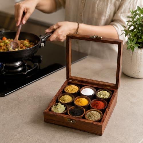 Image of Wooden Masala Box with Glass Lid|9 Compartments Spice Organizer for Kitchen|Handmade Sheesham Wood Spice Container|Traditional Masala Dabba for Herbs, Seasonings & Dry Fruits