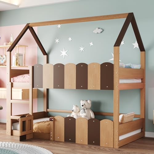 EMKK Kinderbett Etagenbett 90x200 cm, Doppelstockbett Haus, Platzsparendes Hochbett Kinder, Baumhausbett mit Leiter & Dach & Rausfallschutz & Lattenrost, für Jungen und Mädchen, Ohne Matratze(Braun)