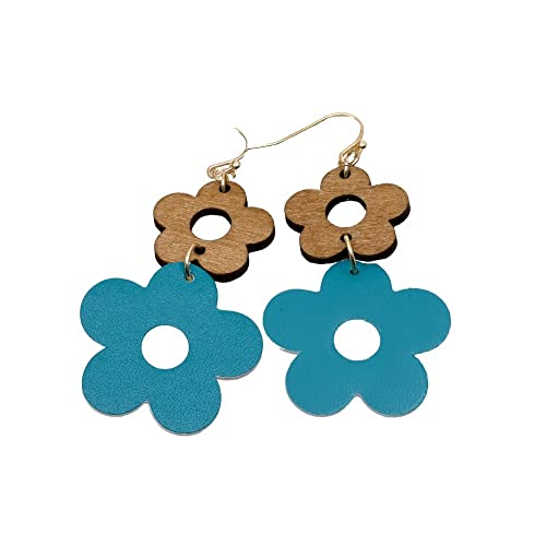 Bello Bee Double Flower Fashion Wood Leather Daisy Dangle Earrings 2’’. (Green) #TOP3