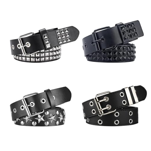 Black Studded Belt, Star Belt Goth Y2K Double Grommet Belts Emo Gothic Rivet Punk Rock Accessories for Women Men