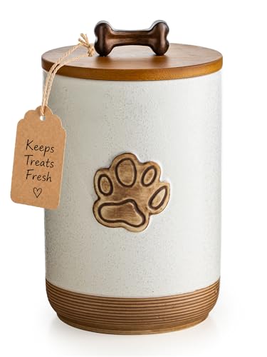 Miamolo Dog Treat Container Airtight Dog Food Storage Container with Lid and Handle Ceramic Pet Food Storage Jar for Kitchen Counter Farmhouse Dog Biscuit Jar Dog Lovers Gift Paw Glinting White