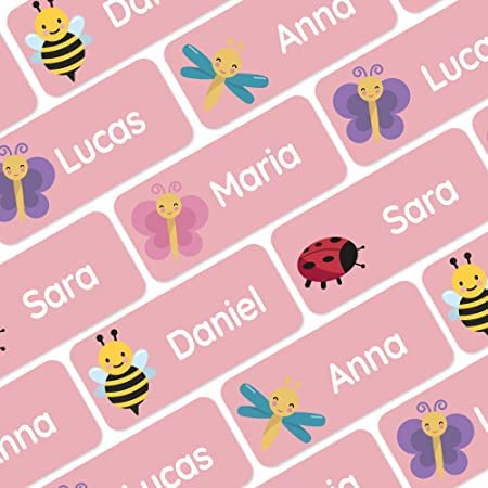 My Nametags® Award-Winning Name Stickers for Clothes & Items | 56 No-Iron, Washable Stick-On Tags for Babies, Kids & Adults | Bugs Stickers (Pink)
