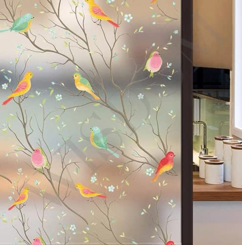 Image of WISDOM Privacy Window Film Frosted Glass Film Glass Film No Glue Anti-UV Window Sticker Non Adhesive for Privacy Office Meeting Room Bathroom Living Room (Color Birds Frosted, 12 x 140 inch)