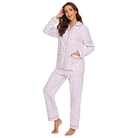 amaxer Women's Flannel Pajama Set 100% Cotton Pajamas For Women Long Sleeve Elastic Drawstring Pjs Button Warm Sleepwear Cover