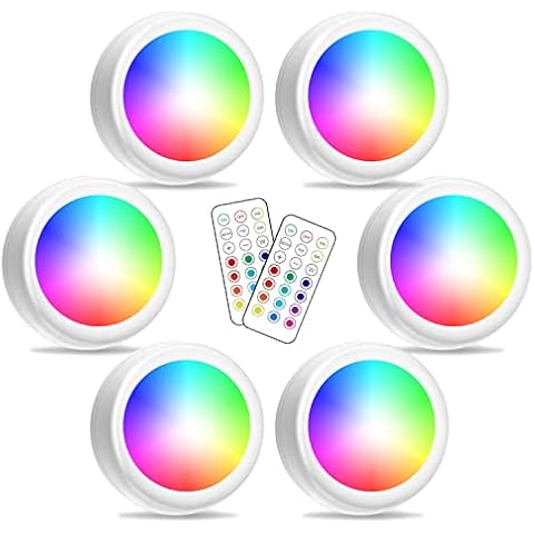 PURSNIC Under Cabinet Lights, RGB Wireless LED Puck Lights, Dimmable Night Lights with Battery Powered Remote Control, Colorful Party Atmosphere Light for Kitchen Closet Counter Wall Indoor, 6 Pack Cover