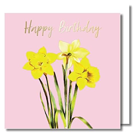 Birthday Greeting Card - Daffodils - Happy Birthday - Gold foil Text on pale pink Background - Blank Inside Cover