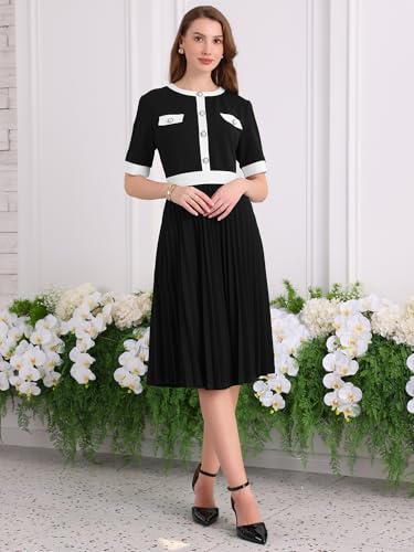 Image of Hobemty Women's Short Sleeve Pleated Dress 2025 Trendy Contrast Color Casual Work A-Line Midi Dresses