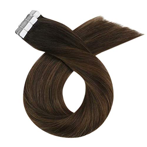 14 Inch Tape in Hair Extensions Glam Seamless Glue in Hair Extensions Darkest Brown to Brown Highlight with Brown Tape in Hair Extensions Human Hair 50G 20PCS