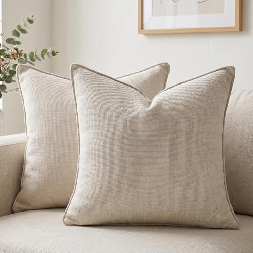 Fancy Homi Set of 2 Small Beige 14x14 Inch Soft Chenille Decorative Throw Pillow Covers with Flange Edge, Square Neutral Modern Boho Textured Cushion Case Home Decor for Couch Sofa Bed Living Room