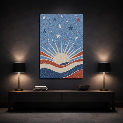 Toile abstraite soleil et étoiles rouge blanc 30x45 cm vertical pour console - 3