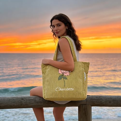 Bolso Tote de Pana con Flor de Cumpleaños Personalizado para Mujer miniatura 3