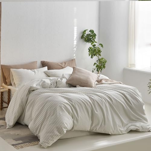 Image of MooMee Striped Duvet Cover Set 100% Washed Cotton Linen Like Full | Relaxed Linen-like Texture. Soft, Breathable & Long-lasting Comfort. Lightweight. Hidden Zipper with 8 Interior Corner Ties