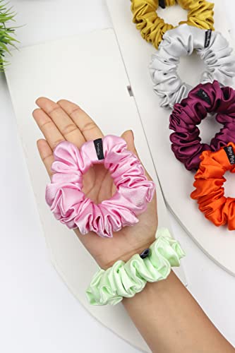 Image of Premium Satin Scrunchies for Women | Hair Bands, Ponytail Holders & Rubber Bands | Fluffy, No-Damage Hair Ties | Girls Hair Accessories | Medium Size | Pack of 9