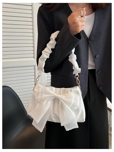 Verdusa Women's Coquette Ruched Bow Bag Y2K Top Handle Leather Shoulder Handbags with Chain2