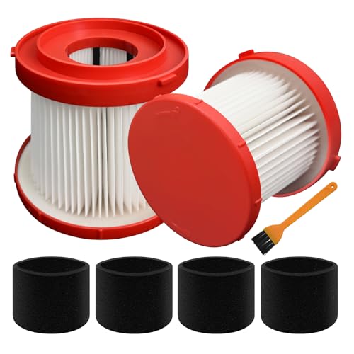 2 Pack 49-90-1900 Wet Dry Vacuum HEPA Filter Replacement Compatible with Milwaukee Vacuum Cordless M18 Fuel Filter 0780-20 0880-20 with 4 Foam Sleeve Filters & 1 Brush