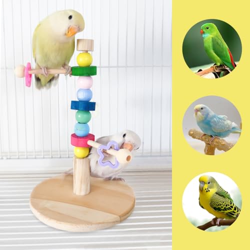 Image of Rotating Bird Perch Stand with Colorful Beads Wooden Parrot Standing Perch Toy Portable Parakeet Spin Training Perch Creative Playstand for Bird Cage Decor