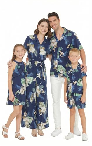 Image of Matchable Family Hawaiian Luau Men Women Girl Boy Clothes in Pineapple Garden Navy