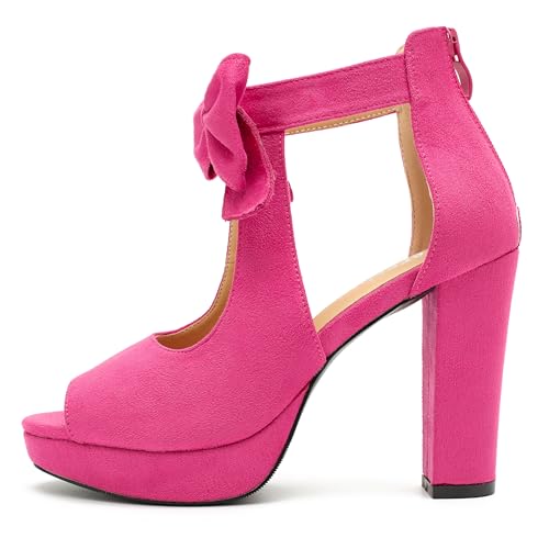 Image of fereshte Women's Bow Chunky Heel Sandals, Platform High Heel, Peep Toe, 3.94 Inch Block Heel