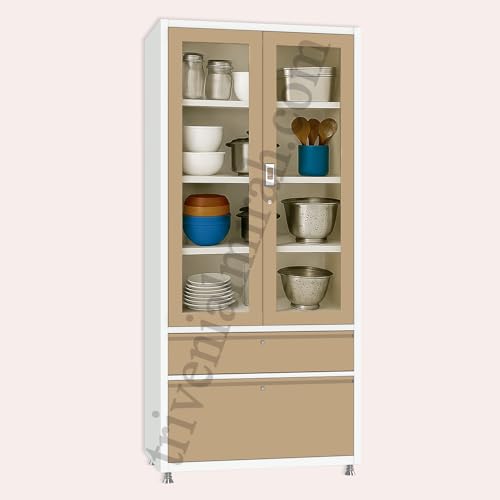 Image of Triveni Almirah Annapurna-5 Steel Wardrobe for Kitchen & Home Use | 10 Year Guarantee on Paint & Locks | 2-Door Glass Almirah with 2 Drawers | Separate Locks for Doors & Drawers | Powder-Coated Finish