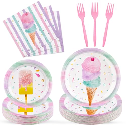 WERNNSAI Ice Cream Party Decorations - 200 Pcs Ice Cream Plates Napkins Forks Pink Sweet Themed Birthday Party Supplies for Kids Girls Birthday Pool Summer Celebration Party Serves 50 Guests