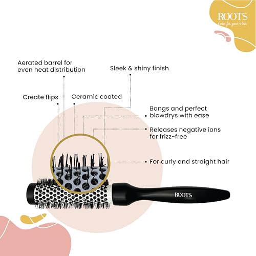 Image of ROOTS Professional Barrel Hair Brush | For Blow Drying & Volumizing | With Ceramic Barrel & Nylon Bristle | For Women's Wavy, Curly Hair | Length - 10.55 Inch, Model No - PEC25 Black