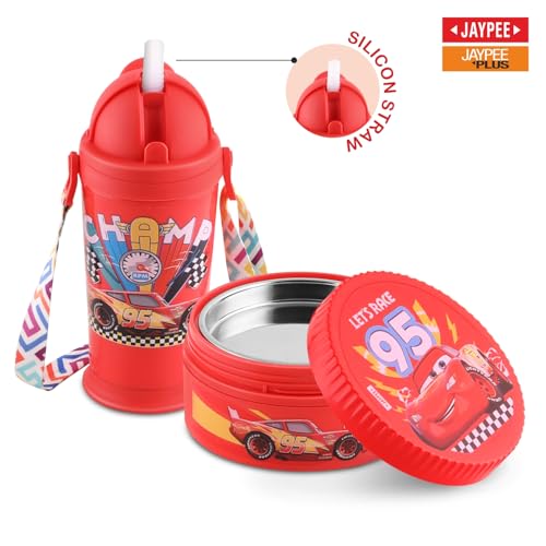 Image of JAYPEE First Step Inner Stainless Steel Insulated Lunch Box Meal and Sip Combo for School Kids Water Bottle Sipper & Disney Princess School Kids Tiffin Box 375 & 270 ml Water Bottle, Red