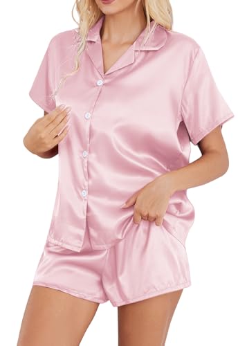 Image of Satin Pajamas for Women Solid Color, Silky PJs Set with Notch Neck & Adjustable Drawstring Shorts