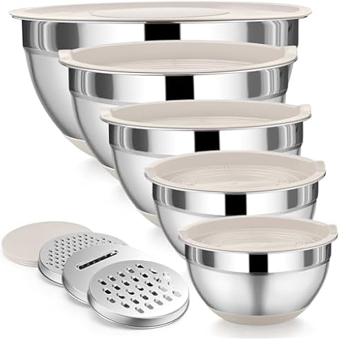 P&P CHEF Khaki Mixing Bowl with Lid Set, 5 Piece Stainless Steel Mixing Nesting Bowls for Salad Storage, 3 Grater Attachments & Non-Slip Bottoms, Size 1/1.5/2 / 2.6/4.6 QT Cover