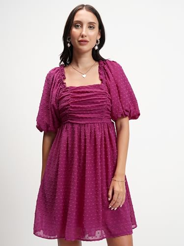 Image of Tokyo Talkies Women's Self-Design Fit & Flare Short Dress | Square Neck & Front Gathering | Chic & Feminine with Puff Sleeves