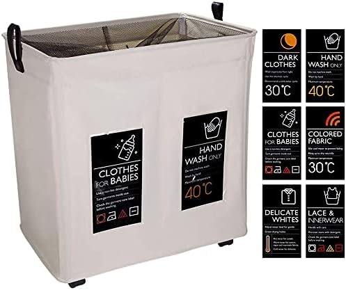BOAO Large 2 Sections Foldable Laundry Basket with Wheels Waterproof Storage Washing Basket with Coriaceous Handles Collapsible Rolling Laundry Hamper Dirty Clothes Storage Cart, 100L (Beige)