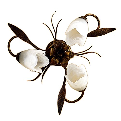 ONLIForged 3 Light Ceiling Light, Opaque White Glass, Brown Metal with Gold Trim