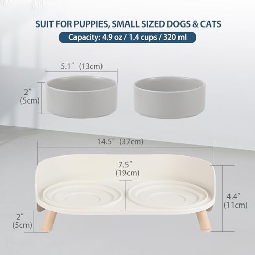 Image of Cat Food Water Bowl Set - Raised Cat Bowls with Non Slip Stand - Elevated Puppy Bowls for Small Dogs - Double Ceramic Cat Feeding Bowls with Splash Proof Guard - Tall Cat Dishes - 2 x 480 ML - 16.2 OZ