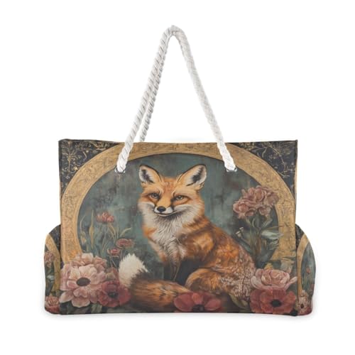 Vintage Fox Beach Bag & Travel Tote Bag Large Sandproof with Zipper Closure, Wet Pouch for Swim Gym Travel, Lightweight Foldable Outdoor Bag2