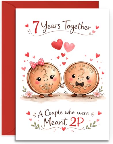 7th Anniversary Card - Cute Pair of Copper Coins Design - Copper Anniversary Card - A5 Size Card with Red Envelope